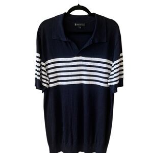 American Tall Sz L Linen Blend Knit Navy Striped Polo Shirt